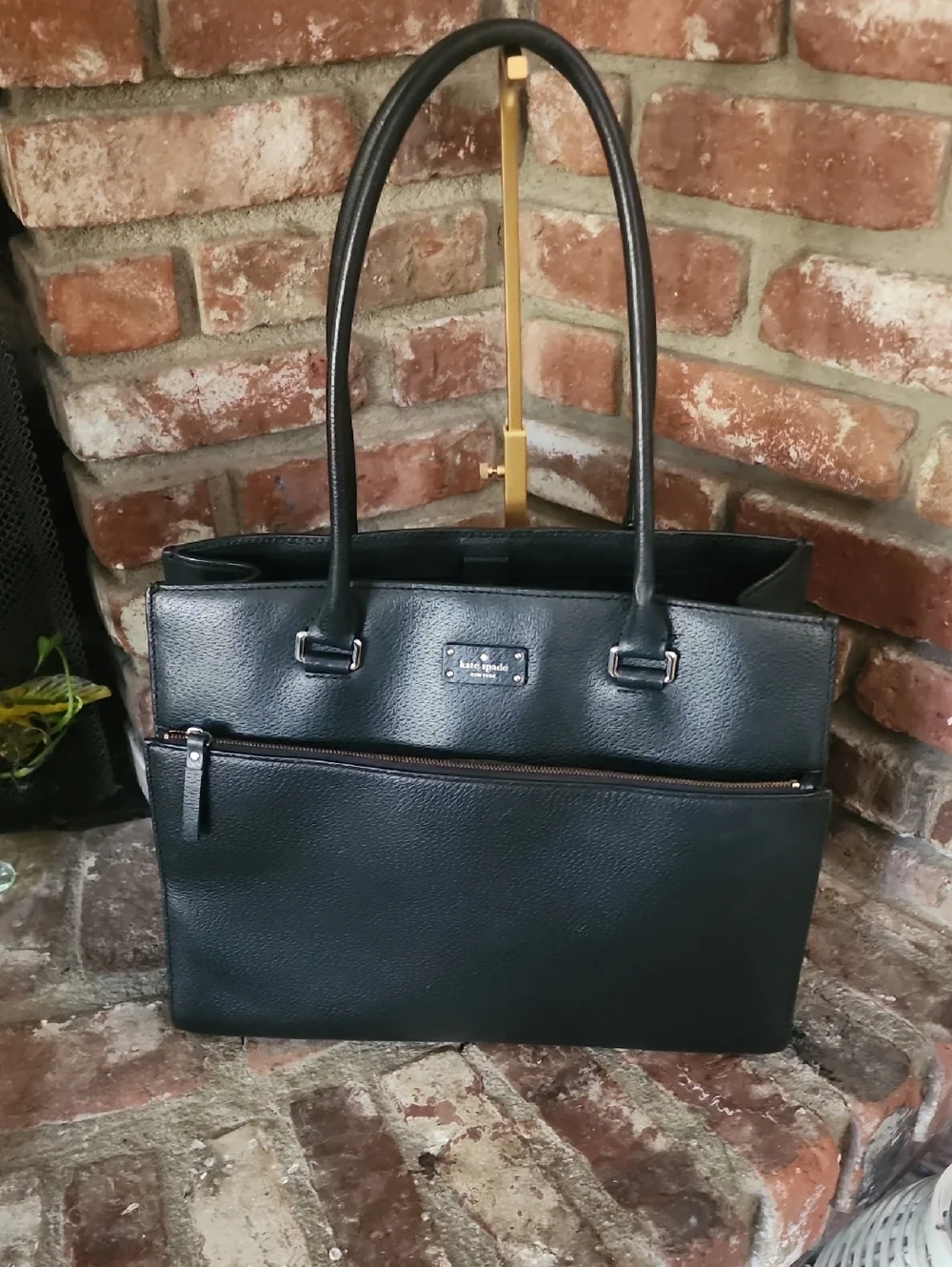 Kate Spade Black Pebbled Leather Tote Zip Front Pocket Work Bag Classic Shopper